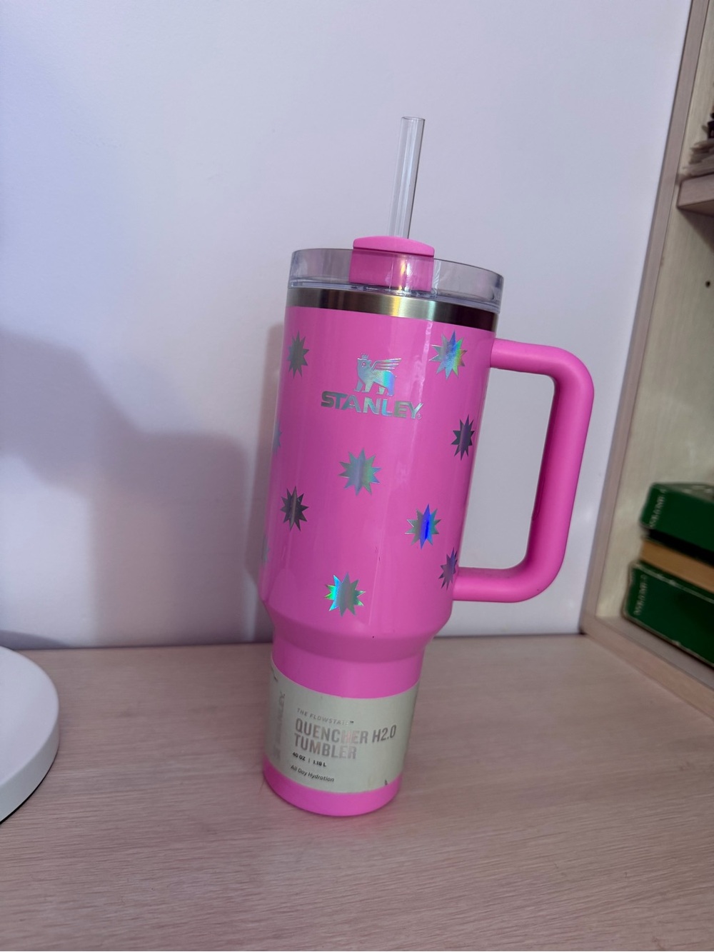 Stanley Bright Pink Quencher H2.0 Tumbler with Handle and Holographic Stars